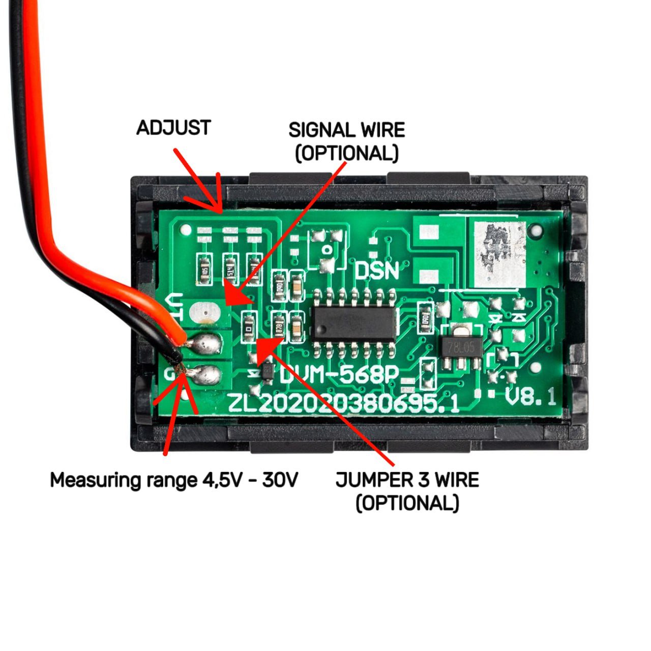 Voltmeter LED Digital 2 Kabel 0.56″ – Pengukur Tegangan DC 4.5V hingga 30V - Image 5