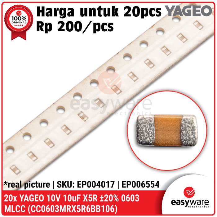 20x Capacitor SMD YAGEO 10uF ±20% 10V X5R 0603 MLCC CC0603MRX5R6BB106 Multilayer Ceramic Capacitor