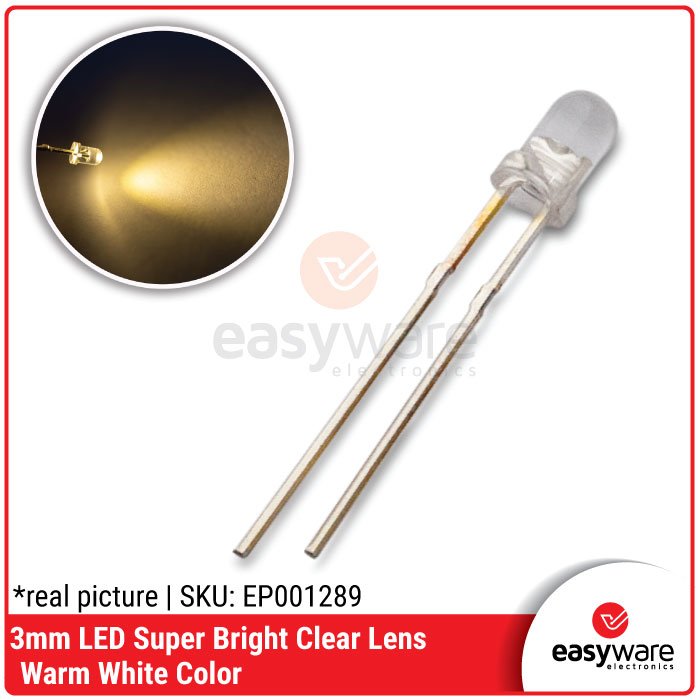 10 Pcs LED 3mm Water Clear / Warm White – High Brightness Short Legs