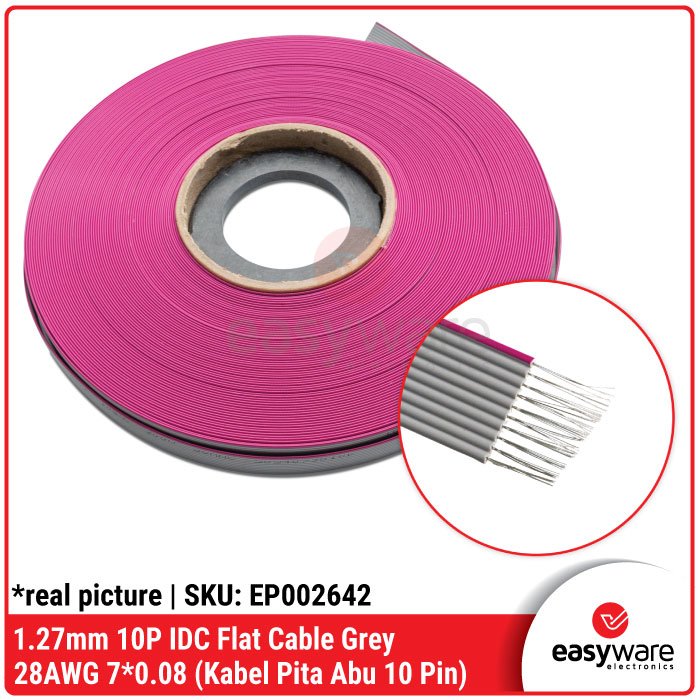 1 Meter Kabel Flat 10P Grey Kabel IDC 10 Pin Kabel Pita 10P Abu-abu Pitch 1.27mm Gray Flat Cable Kabel AWG 28
