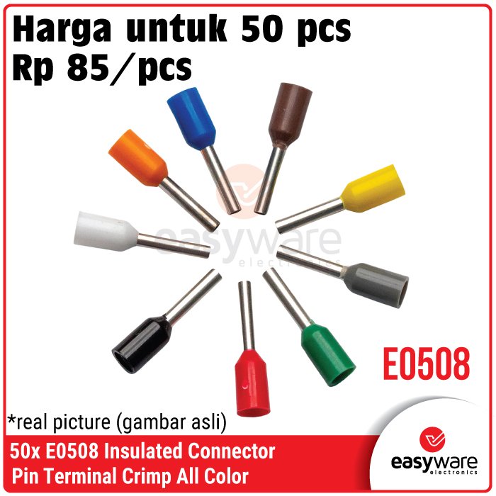 50pcs Crimp Terminal E0508 VE0508 Skun Insulated Ferrules Terminal Block Kabel Tusuk Skun Kabel Ferrules 0.5mm E0508