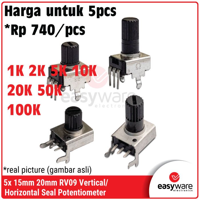 5pcs RV09 Potentiometer 3P Vertical Horizontal 12.5mm 15mm 20mm RV09 Potensio meter 1K 2K 5K 10K 20K 50K 100K Resistor Variabel