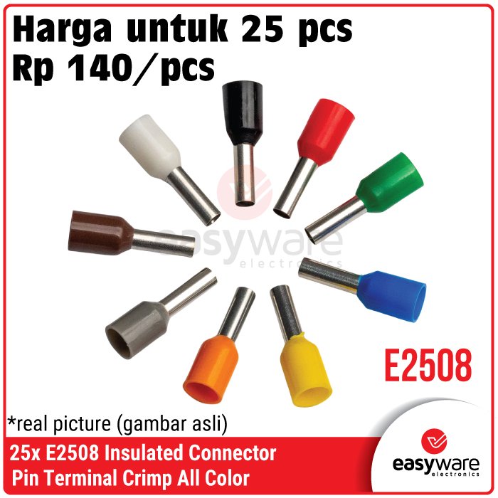 25pcs Crimp Terminal E2508 VE2508 Skun Insulated Ferrules Terminal Block Kabel Tusuk Skun Kabel Ferrules 2.5mm E2508