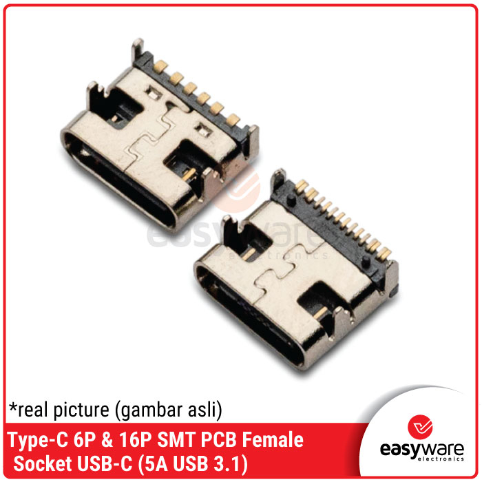 Socket Type-C Female DIP SMT 6P 16P USB-C 5A USB 3.1 Connector 6 Pin 16 Pin - Gambar 2