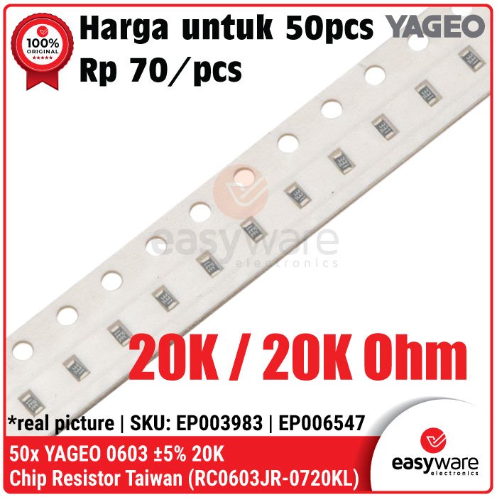 50pcs Resistor SMD 0603 YAGEO 5% 20K Chip Resistor 20K Ohm Resistor SMD