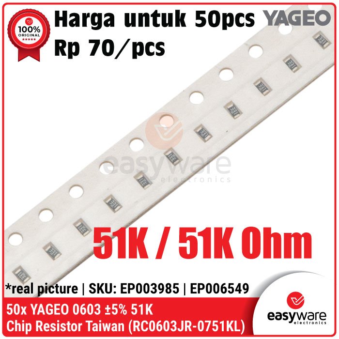 50pcs Resistor SMD 0603 YAGEO 5% 51K Chip Resistor 51K Ohm Resistor SMD