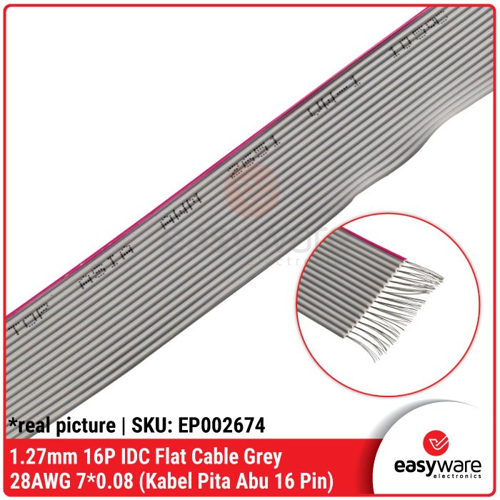 1 Meter Kabel Flat 16P Grey Kabel IDC 16 Pin Kabel Pita 16P Abu-abu Pitch 1.27mm Gray Flat Cable Kabel AWG 28 - Image 2