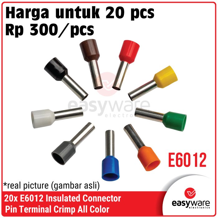 20pcs Crimp Terminal E6012 VE6012 Skun Insulated Ferrules Terminal Block Kabel Tusuk Skun Kabel Ferrules 6mm E6012
