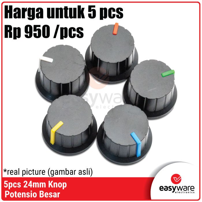 5 Buah Knop Potensiometer 24mm RV09 / B10K / 5K – Tutup Potensio Variabel untuk Proyek DIY