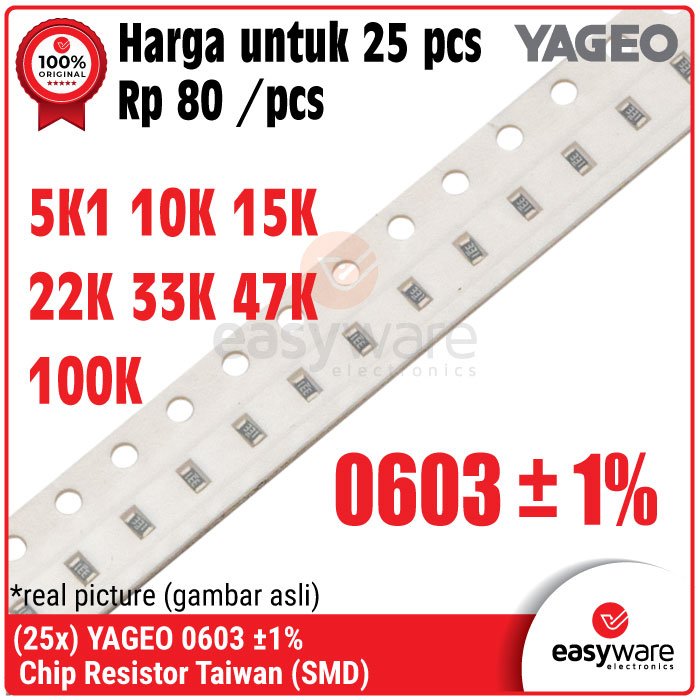 25pcs YAGEO Resistor Taiwan YAGEO 0603 SMD SMT 1% 5K1 10K 15K 22K 33K 47K 100K 100K Ohm 5.1K Ohm Chip Resistor