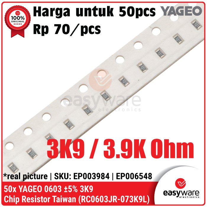 50pcs Resistor SMD 0603 YAGEO 5% 3K9 Chip Resistor 3.9K Ohm Resistor SMD