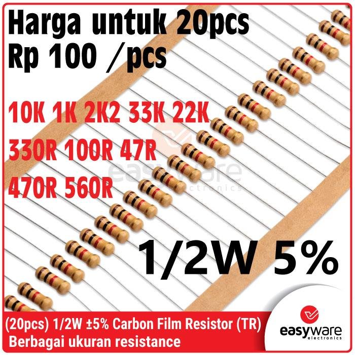 20pcs Carbon Film Resistor 1/2W 5% 470R 10K 1K 330R 100R 2K2 33K 47R 560R 22K