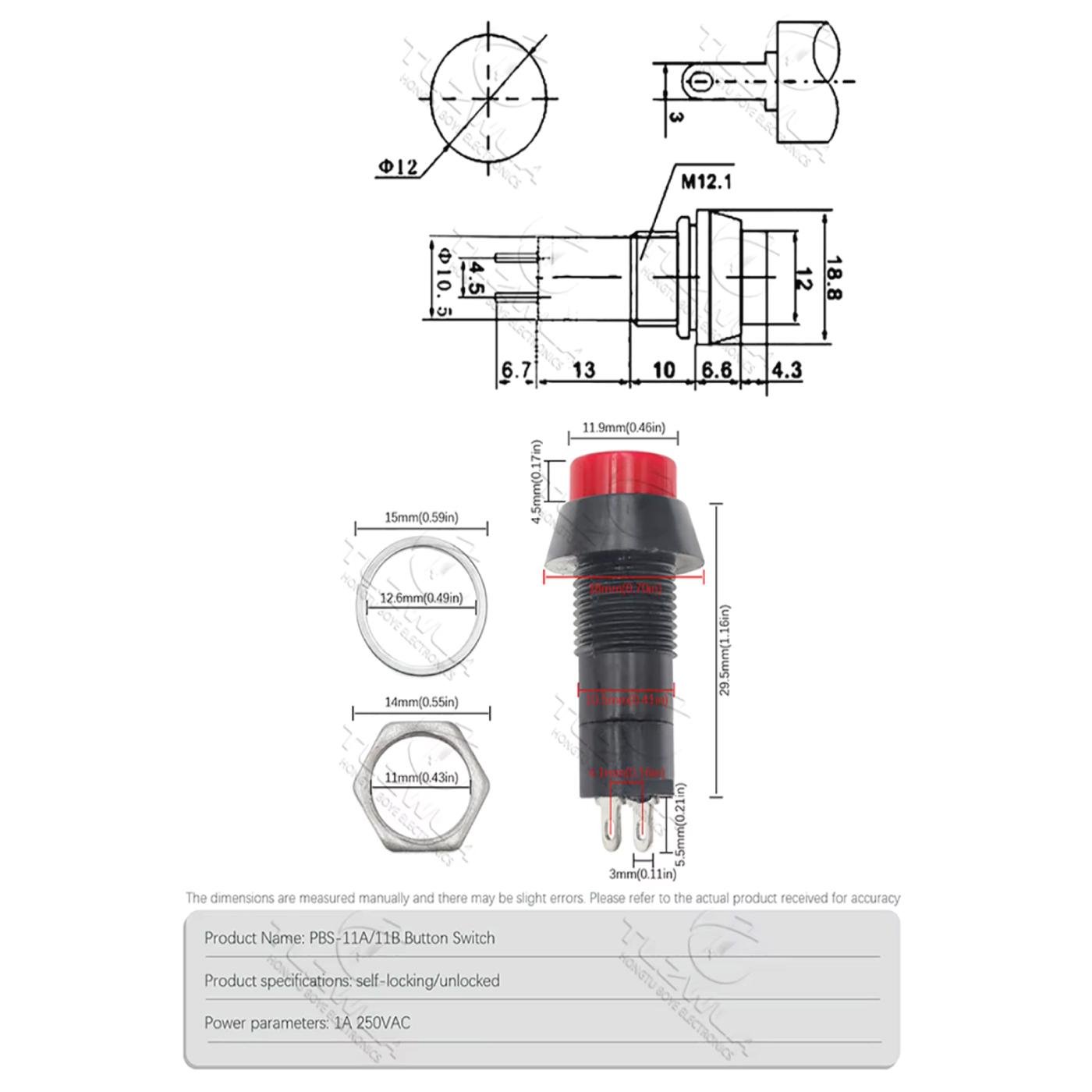 Push Button 12mm Self Locking Momentary Push On Off Light LED PBS-11A PBS 11B Red Green Blue Yellow White Reset Button 2P Self-lock No Lock Reset 1A 250V - Image 2