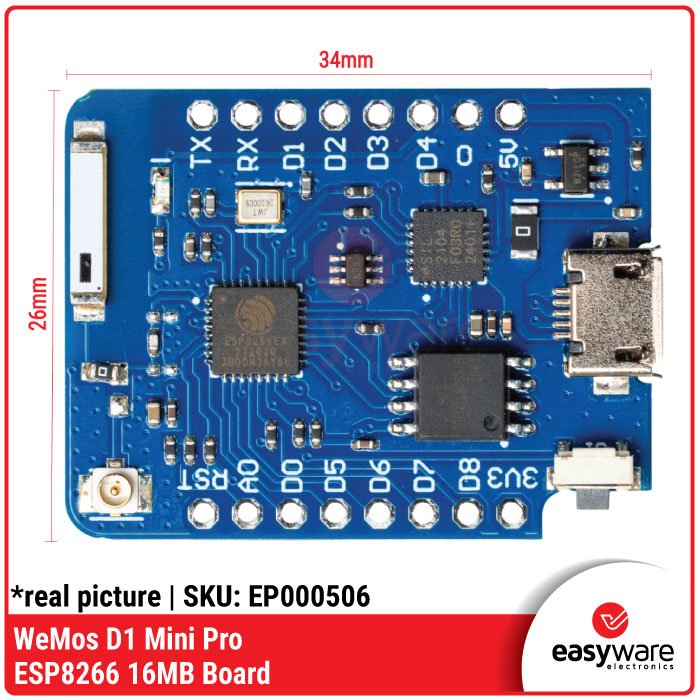 WeMos D1 Mini Pro ESP8266 16MB Board with External Antenna Connector - Image 2
