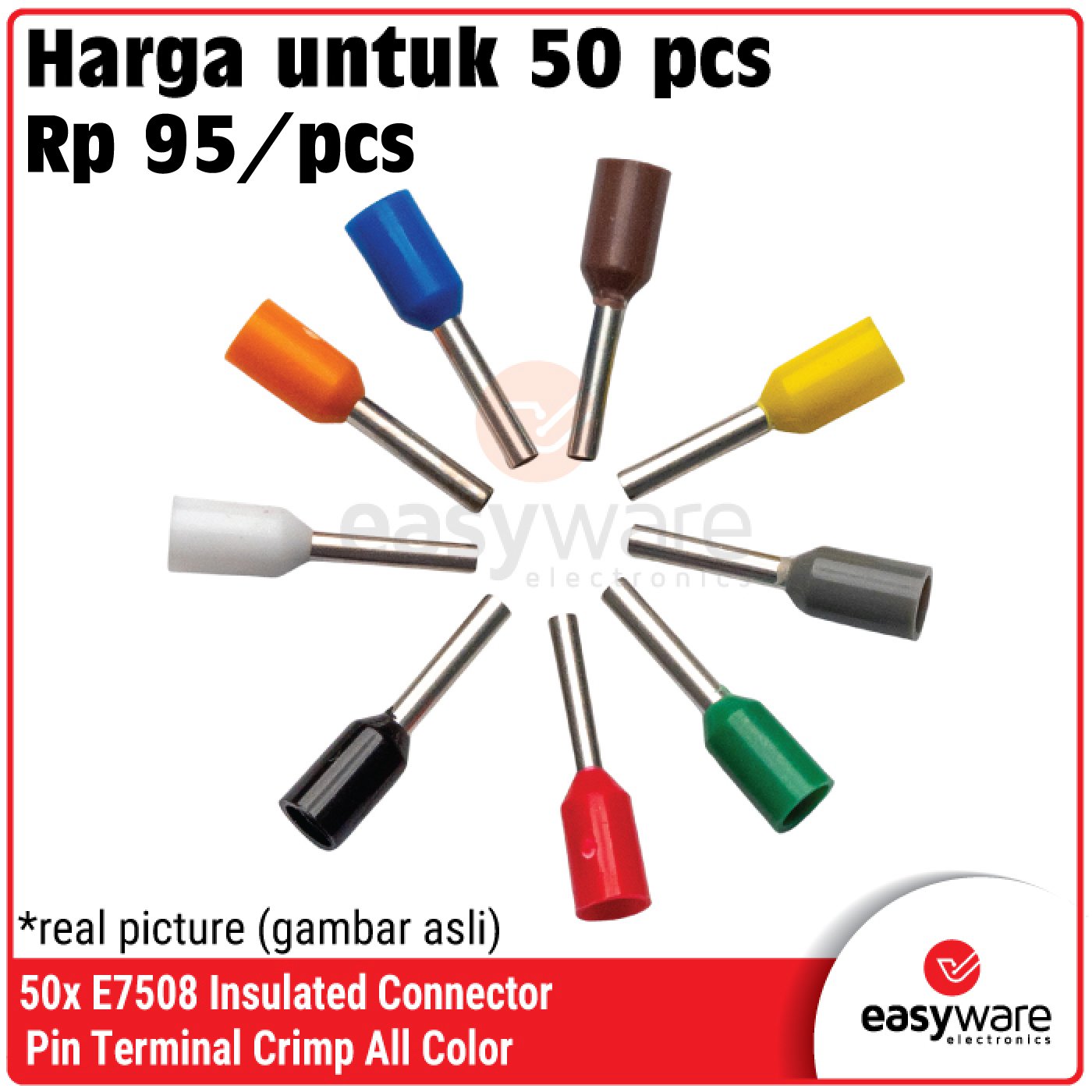 50pcs E7508 Insulated Pin Connector – Terminal Crimp Kabel Serabut Warna Merah, Hijau Biru, Kuning, Hitam, Putih, Abu, Oren