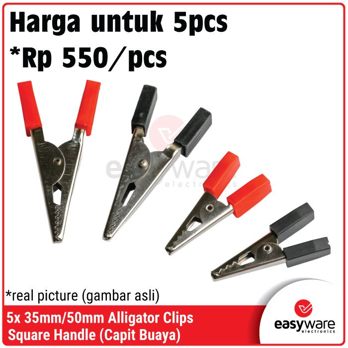 5pcs Alligator Clips 35mm & 50mm Square Handle Black Red Capit Buaya Kabel Test