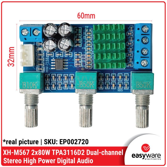 XH-M567 2x80W TPA3116D2 Dual-channel Stereo High Power Digital Audio Power Amplifier Board - Image 3