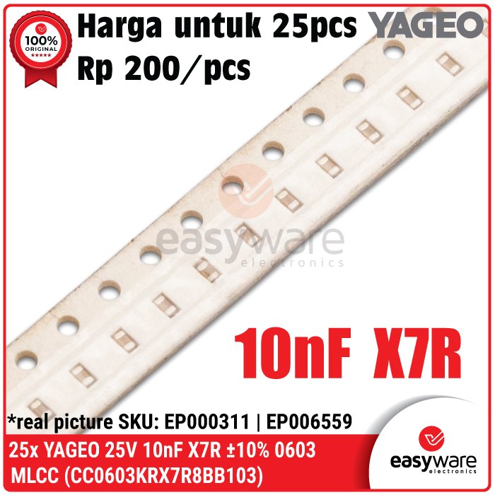 25pcs YAGEO 0603 Capacitor 25V ±10% X7R 10nF (CC0603KRX7R8BB103) Multilayer Ceramic Kapasitor SMD SMT MLCC