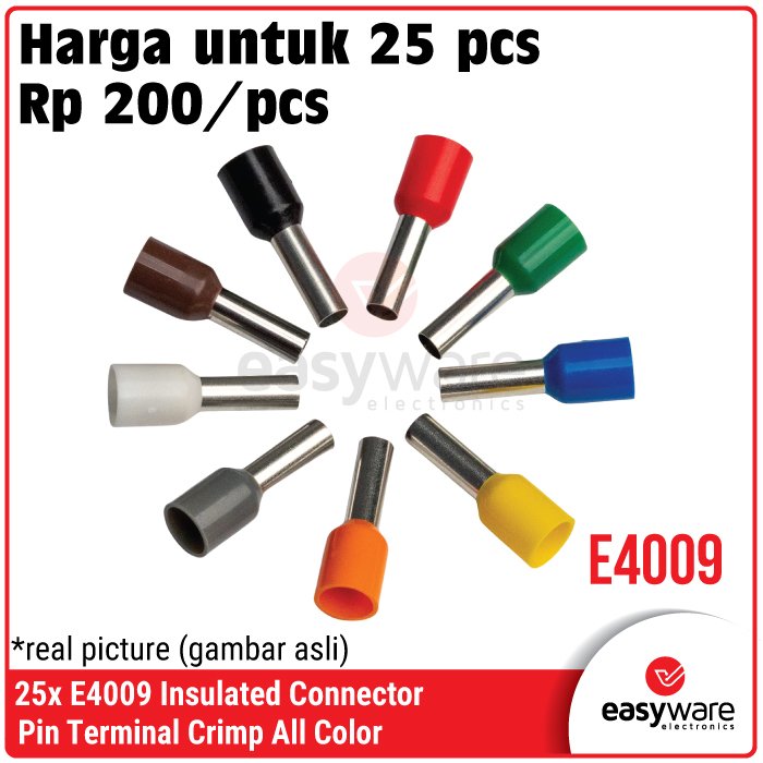 25pcs Crimp Terminal E4009 VE4009 Skun Insulated Ferrules Terminal Block Kabel Tusuk Skun Kabel Ferrules 4mm E4009