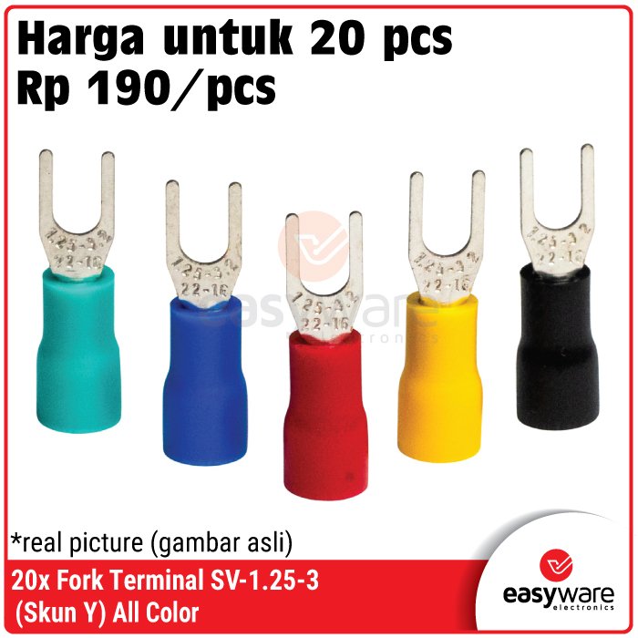 20x Fork Terminal SV-1.25-3 (Skun Y) – Konektor Kabel M3 Warna Merah, Biru, Kuning, Hijau, Hitam