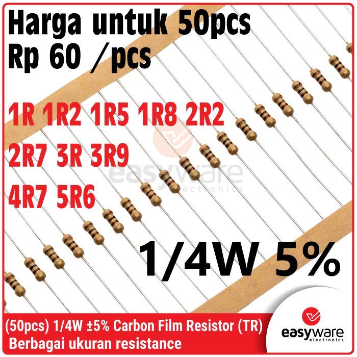 50x Carbon Film Resistor 1/4W 5% – Resistor Komponen Elektronika Berbagai Ukuran 1R 1R2 1R5 1R8 2R2 2R7 3R 3R9 4R7 5R6
