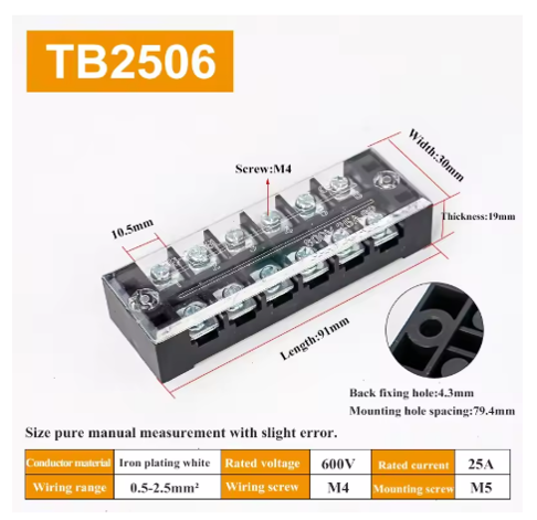 Terminal Blok Sekrup Dual Row TB-2506 – Konektor Daya 6 Pin 600V 25A - Image 4