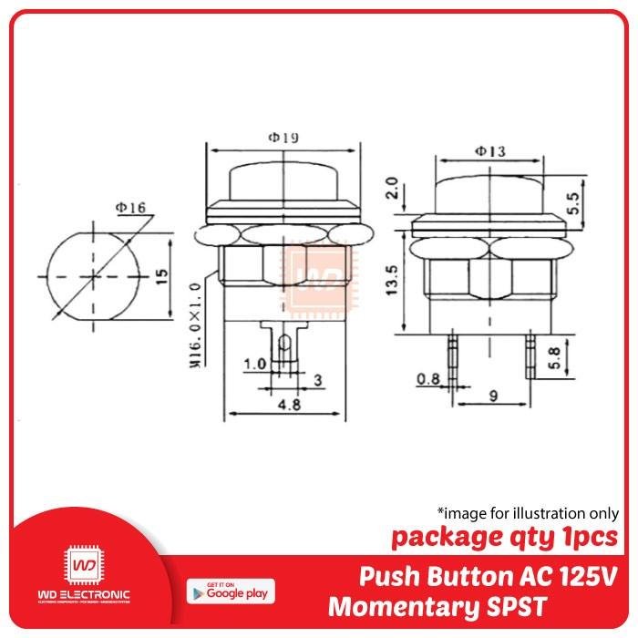 Push Button R13-507 16mm Round Saklar Tombol R13-507 2 Pin AC 250V 3A – Merah Hijau Biru Kuning Hitam Putih - Image 2