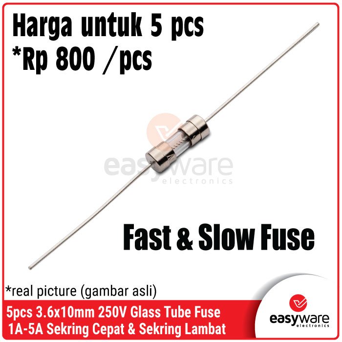 5pcs Glass Tube Fuse 250V – Sekring Kaca Fast Blow & Slow Blow Berbagai Amper 1A, 2A, 3A, 5A