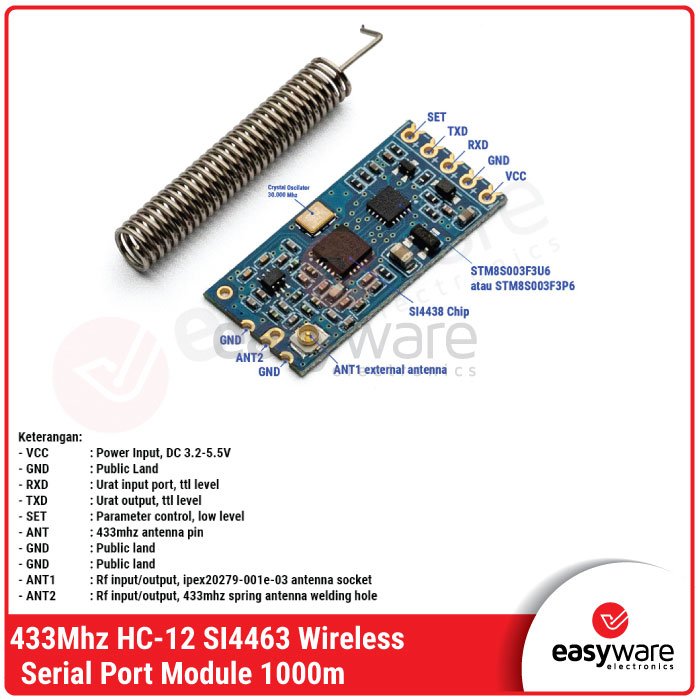 Modul HC-12 Wireless Serial Transceiver 433MHz STM8S003F3U6 – Original - Image 4
