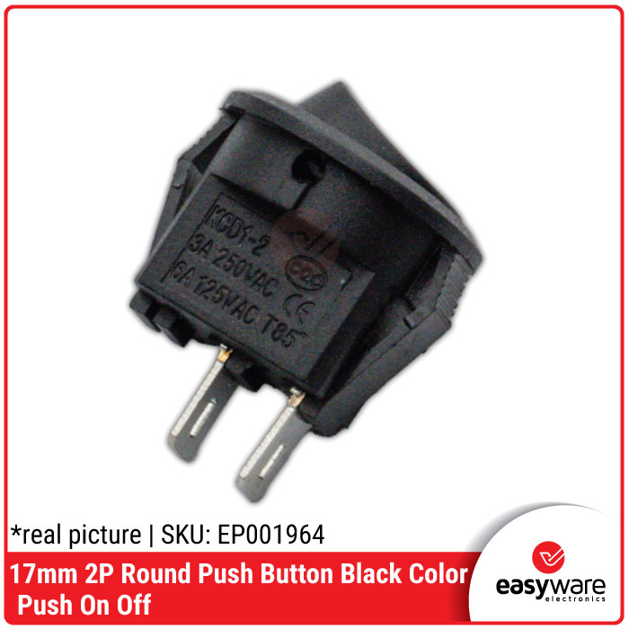 Push On Off Bulat 17mm Rocker Switch Bulat 2 Pin 2P 3A 250VAC Round Push Button Hitam - Gambar 2