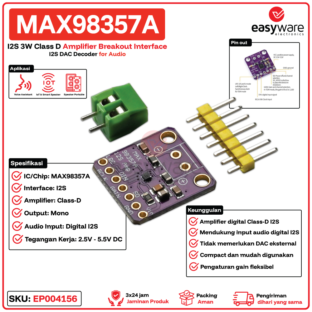 Modul MAX98357A MAX98357 I2S 3W Class D Amplifier DAC Decoder Audio ESP32 Raspberry Pi Smart Speaker
