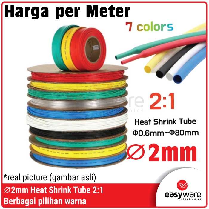 2mm Heatshrink Tube Selang Bakar 2:1 Isolasi Kabel Isolator 2 mm Merah Hijau Biru Kuning Hitam Putih Abu Coklat Heat Shrink Red Green Blue