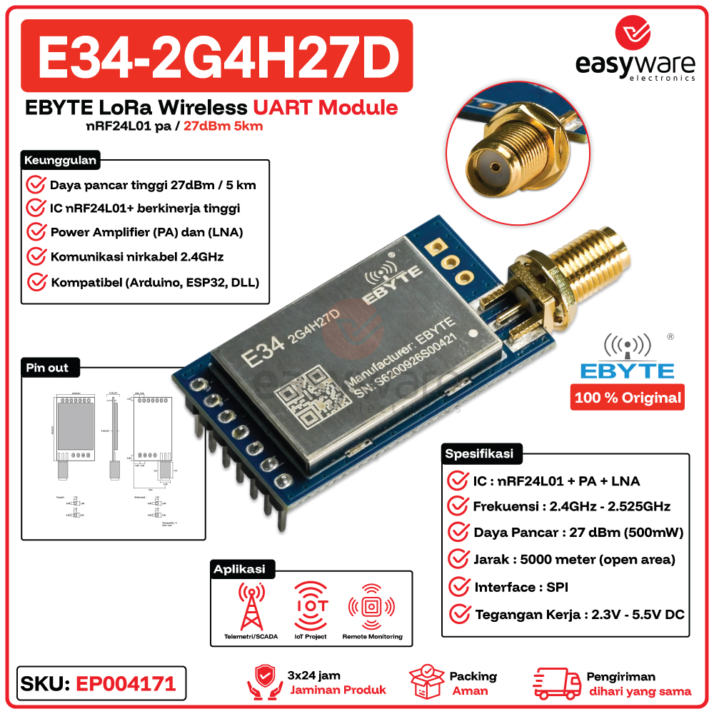 EBYTE E34-2G4H27D LoRa Wireless UART Module 2.4GHz 27dBm 5km with PA + LNA