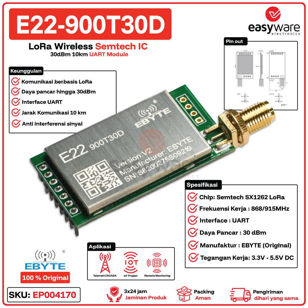 EBYTE E22-900T30D E22 900T30D LoRa Wireless Semtech IC 30dBm 10km UART LoRa Module